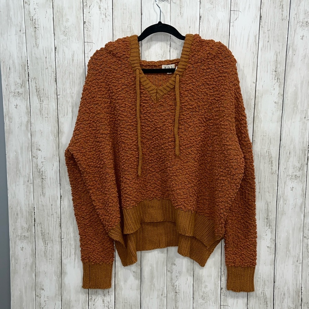 POL Popcorn Hoodie Pullover Sweater Pocket Adjustable Strings Large Rust Orange